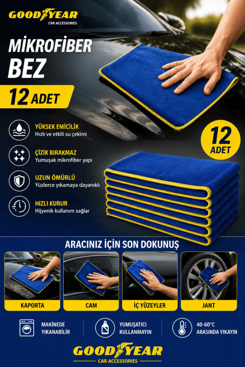 Goodyear 12 Adet Mikrofiber Temizlik Bezi – Çok Amaçlı Yüksek Emici Çizik Bırakmayan Bez - 1