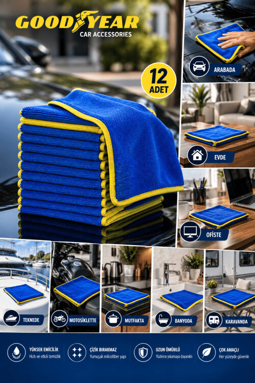 Goodyear 12 Adet Mikrofiber Temizlik Bezi – Çok Amaçlı Yüksek Emici Çizik Bırakmayan Bez - 4
