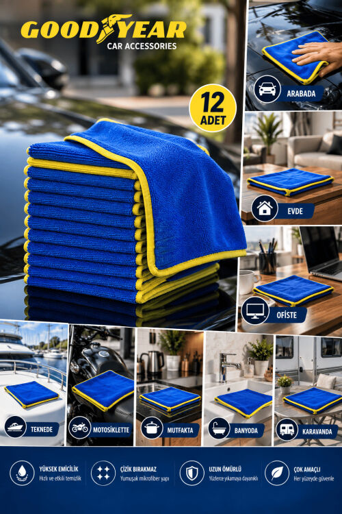 Goodyear 12 Adet Mikrofiber Temizlik Bezi – Çok Amaçlı Yüksek Emici Çizik Bırakmayan Bez - 4