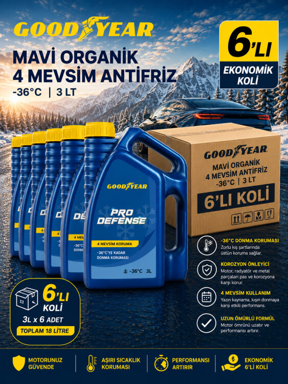 Goodyear 6'lı Mavi Organik 4 Mevsim Antifriz -36°C 3 Lt ( 6 x 3 Litre) - GOODYEAR