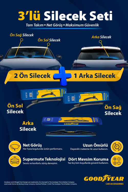 Goodyear Citroen Berlingo 2008-2018 Uyumlu Ön Arka 3'lü Muz Silecek Seti (650 Mm 400 Mm 350 Mm) - GOODYEAR