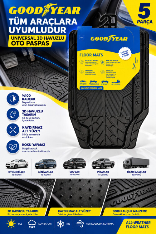 سجادات سيارة GOODYEAR عالمية ثلاثية الأبعاد مع حوض سباحة متوافقة مع جميع المركبات - GOODYEAR