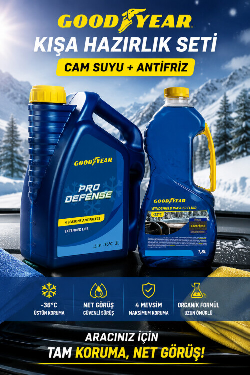 Goodyear Kış Antifriz Seti Mavi Organik 4 Mevsim Antifriz -36°C 3 L + Kış Antifrizli Cam Suyu 1,8 L - GOODYEAR