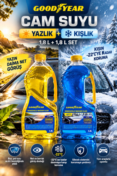 Goodyear Yazlık ve Kışlık Cam Suyu 2'li Set Antifrizli Oto Cam Temizleme Sıvısı 2 x 1,8 Litre - GOODYEAR