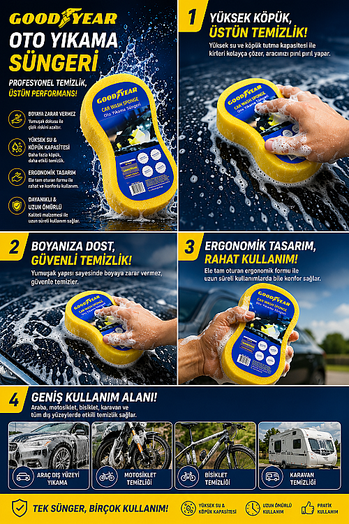 Goodyear Profesyonel Oto Yıkama Süngeri Ergonomik Çizmez Araba Araç Yıkama Süngeri Yüksek Köpüklü - GOODYEAR